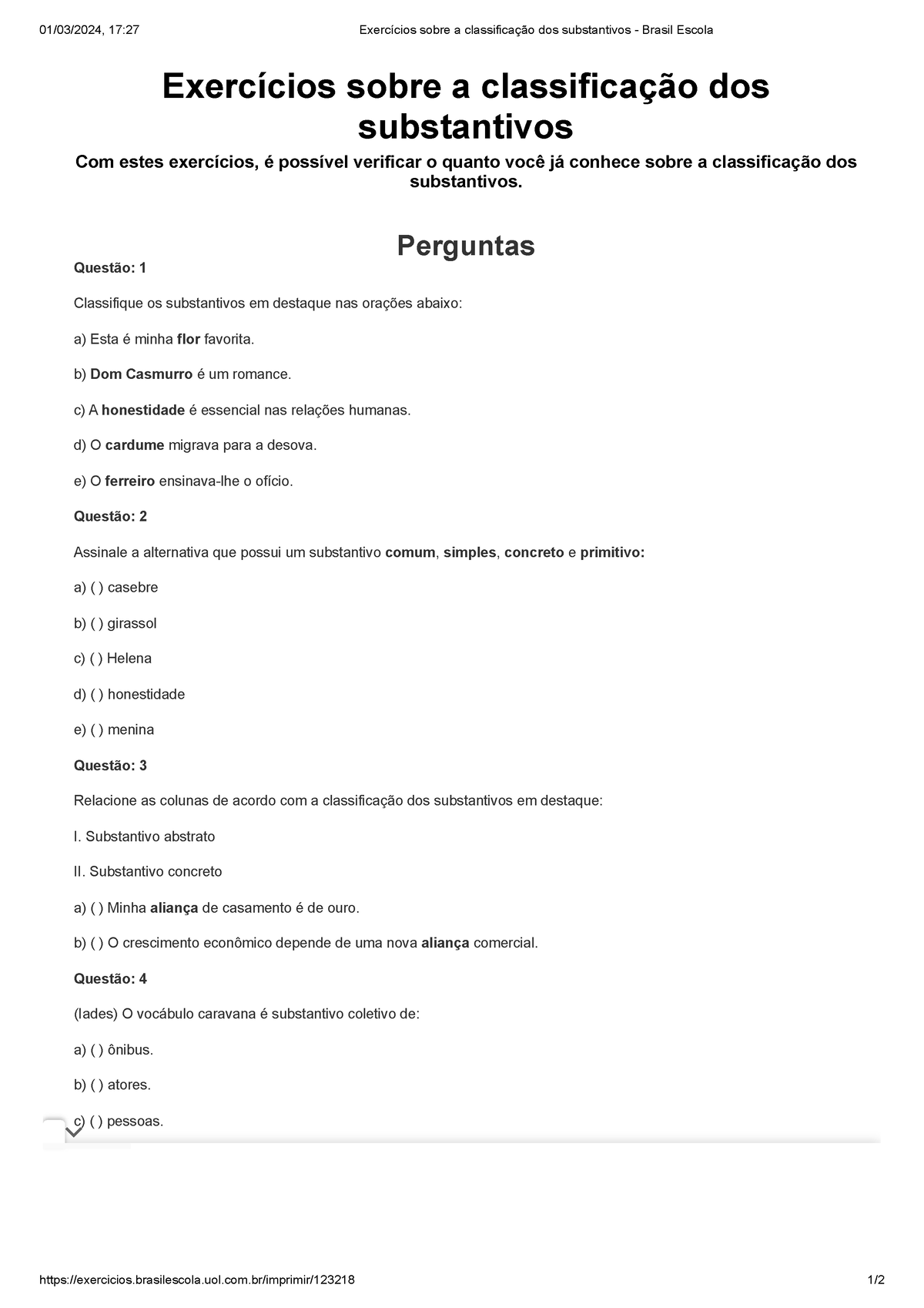 Exerc cios sobre a classifica o dos substantivos Brasil Escola