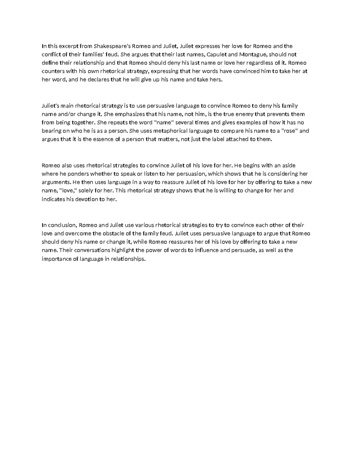 Passage analyze 2 - In this excerpt from Shakespeare's Romeo and Juliet