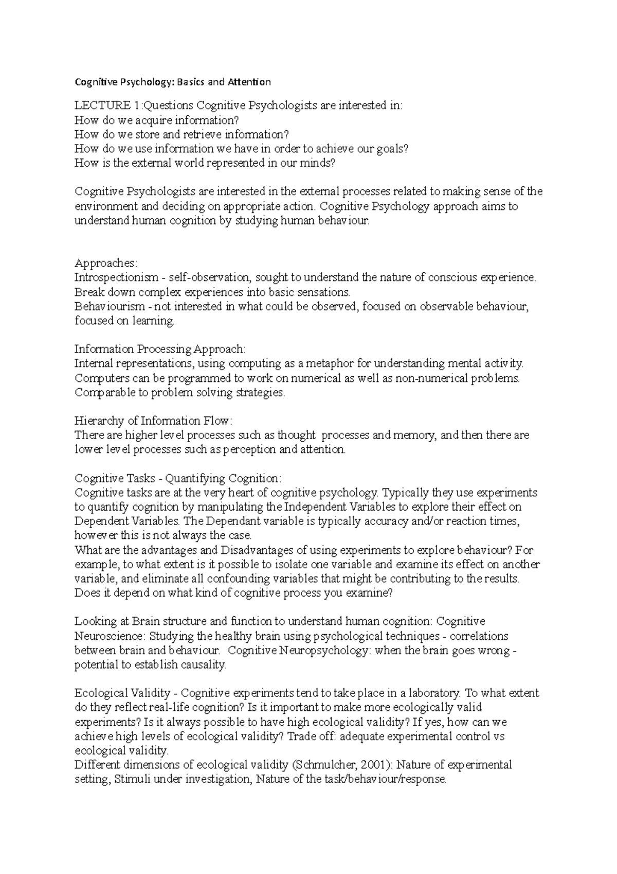 Cognitive Psychology Basics and Attention - Cognitive Psychology ...