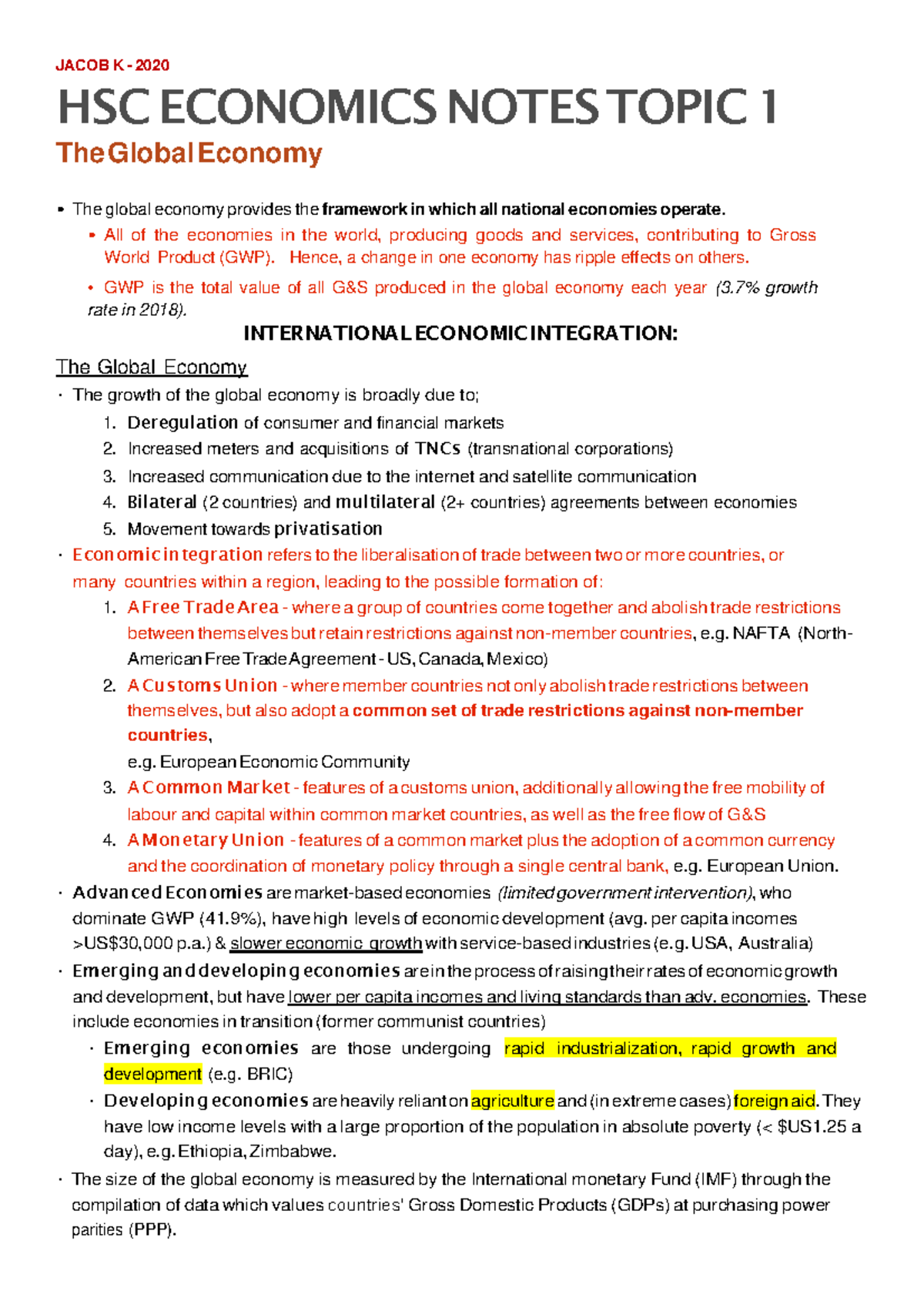 ECO Notes - JACOB K - 2020 HSC ECONOMICS NOTES TOPIC 1 The Global ...