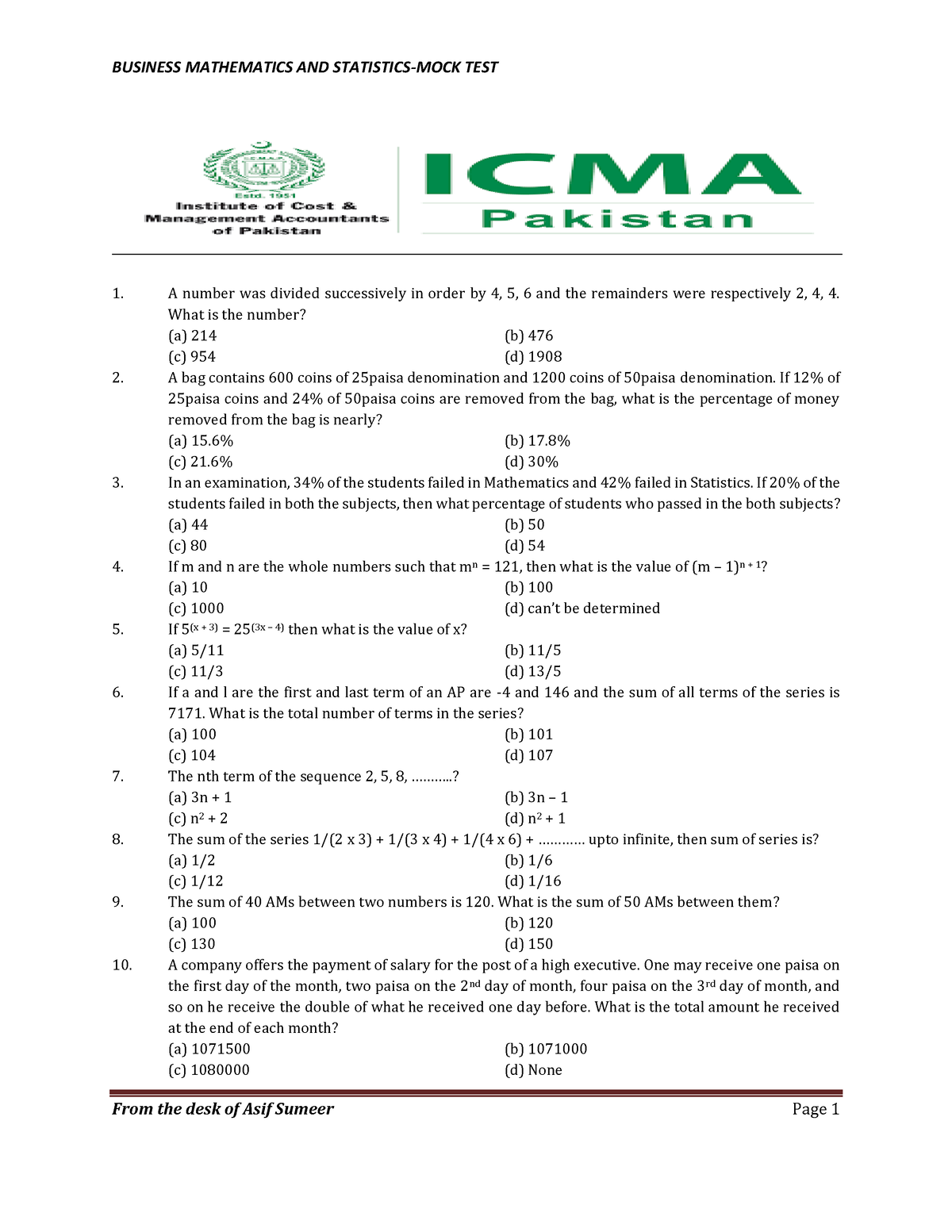 MCQs - 14 - BUSINESS MATH AND STAT MCQS - Business Mathematics And ...