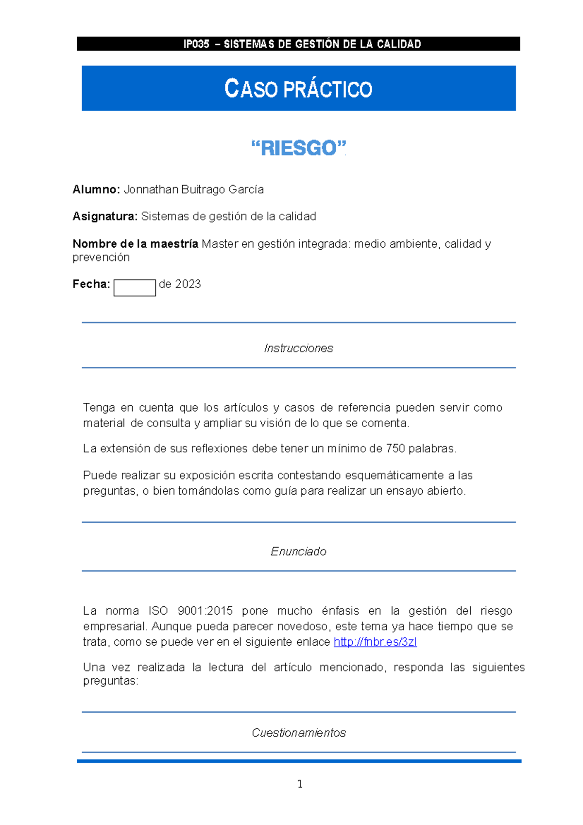 CASO Practico Riesgos IP035 - IP035 – SISTEMAS DE GESTIÓN DE LA CALIDAD ...