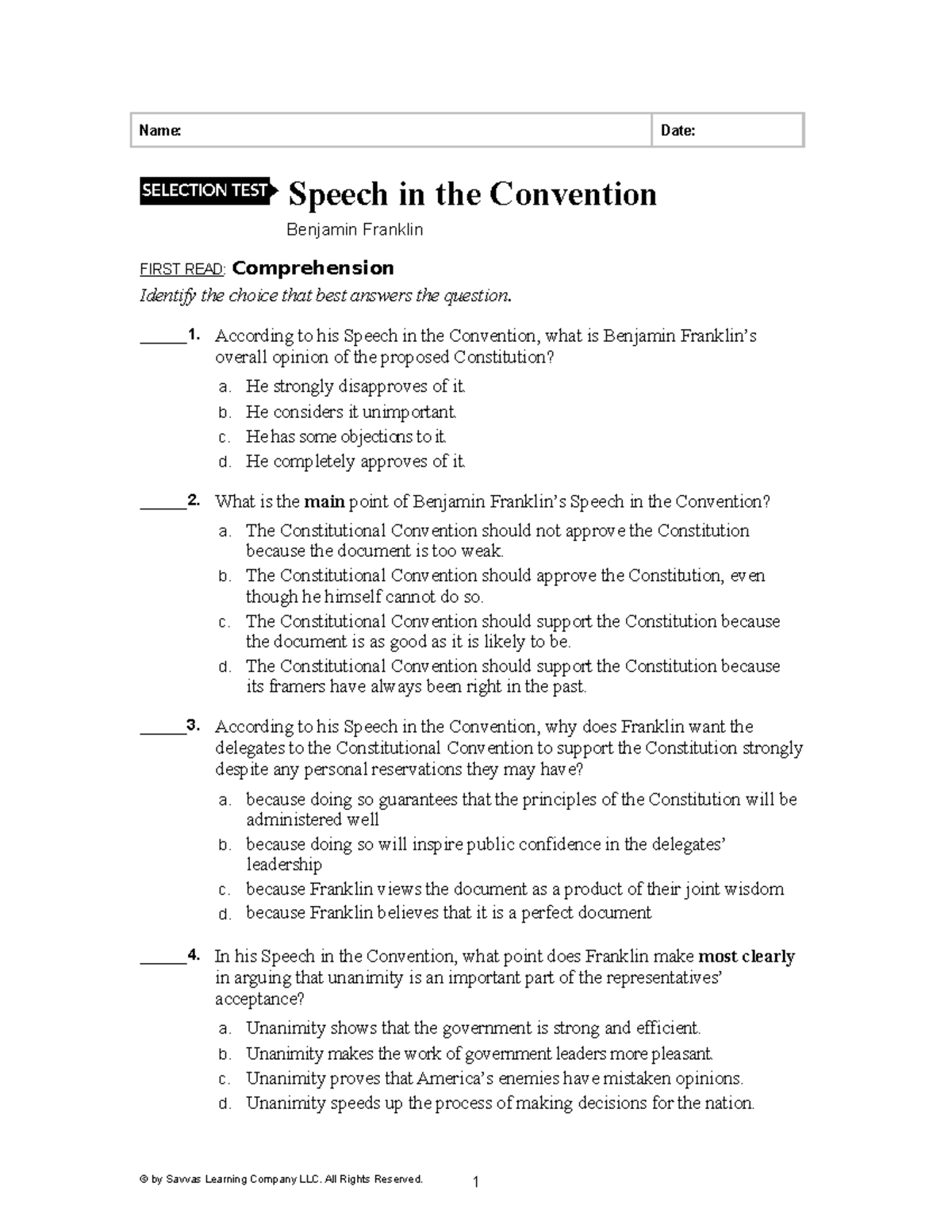 Speech in the convention for final - Name: Date: Speech in the Convention  Benjamin Franklin FIRST - Studocu