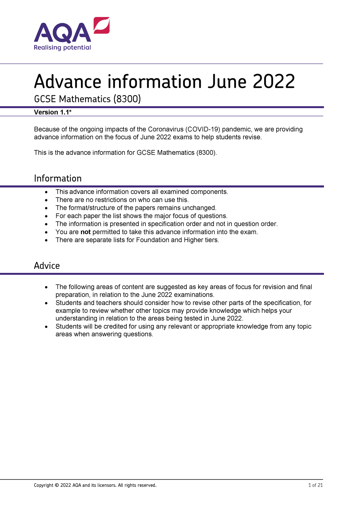 aqa-gcse-maths-topic-list-2022-advance-information-june-2022-gcse