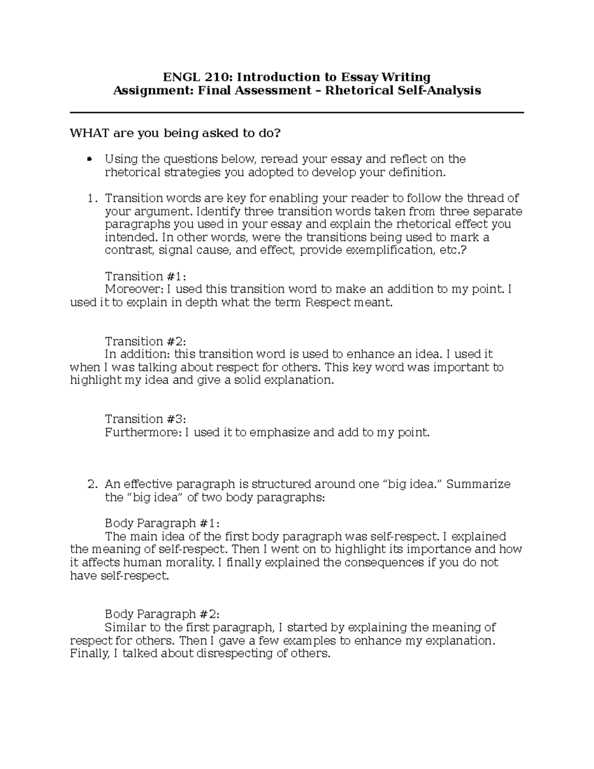 Rhetorical Self-Analysis - Final Assessment - ENGL 210: Introduction To ...