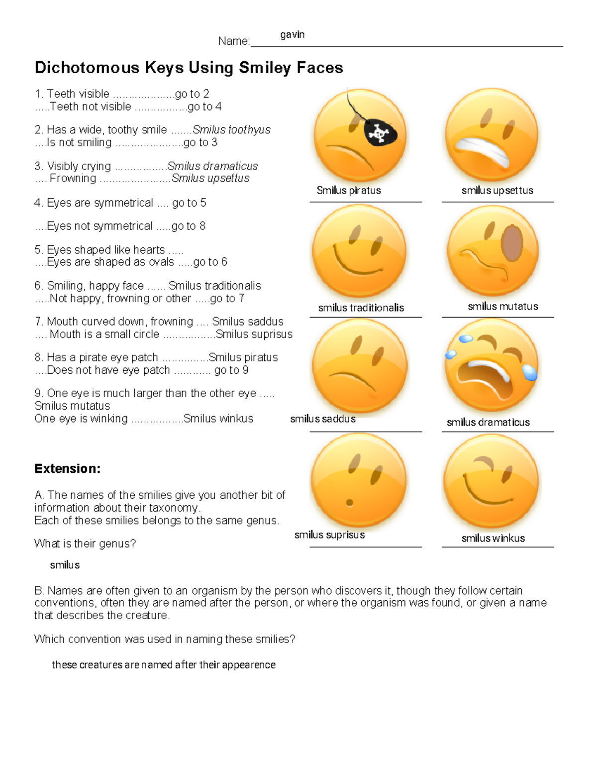Kami Export Gavin Mcevoy Dichotomous Key with Smilies fillable form