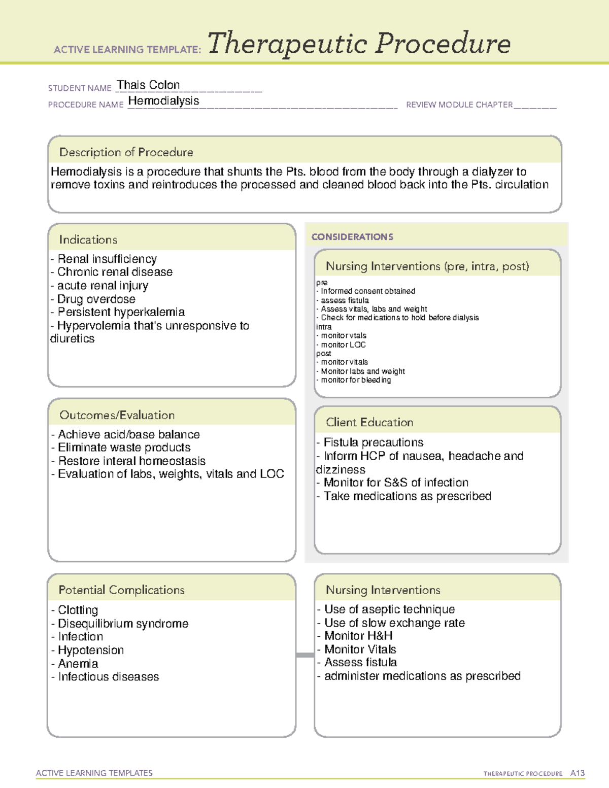 Hemodialysis - ATI - ACTIVE LEARNING TEMPLATES TherapeuTic procedure A ...