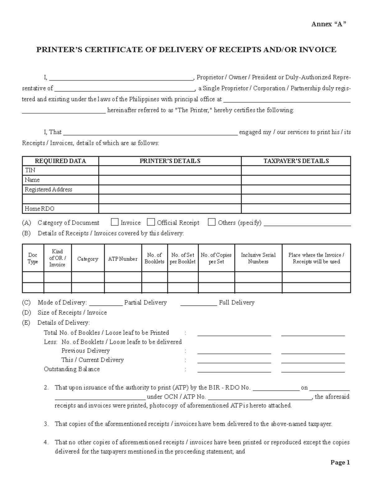Printers Certificate - asfasfasf - PRINTER’S CERTIFICATE OF DELIVERY OF ...