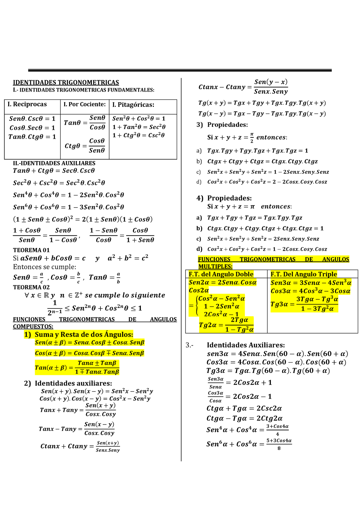 Formulario Unmsm Identidades Trigonometricas I Identidades Trigonometricas Fundamentales 2886