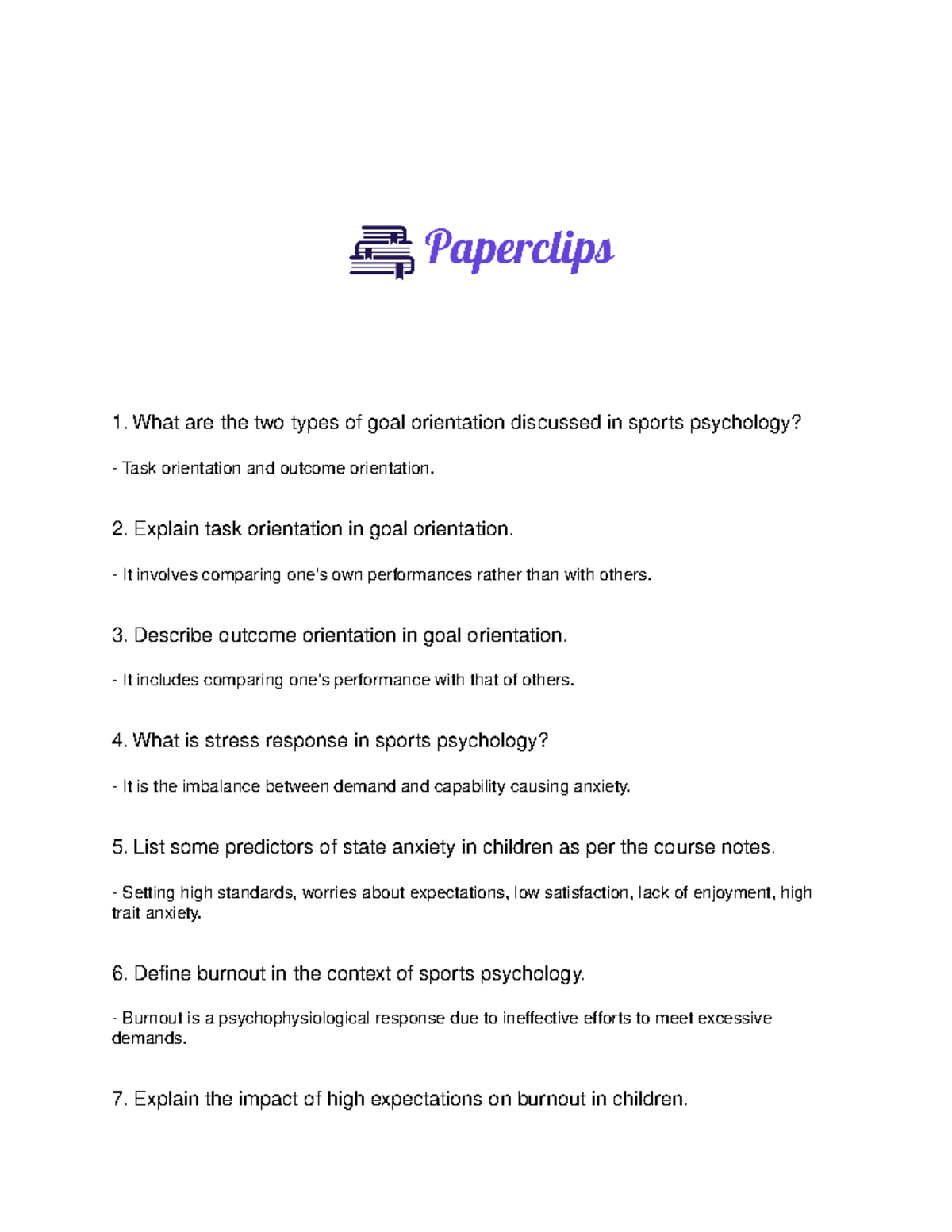 Sports Psychology: Key Concepts and Questions - 1. What are the two ...
