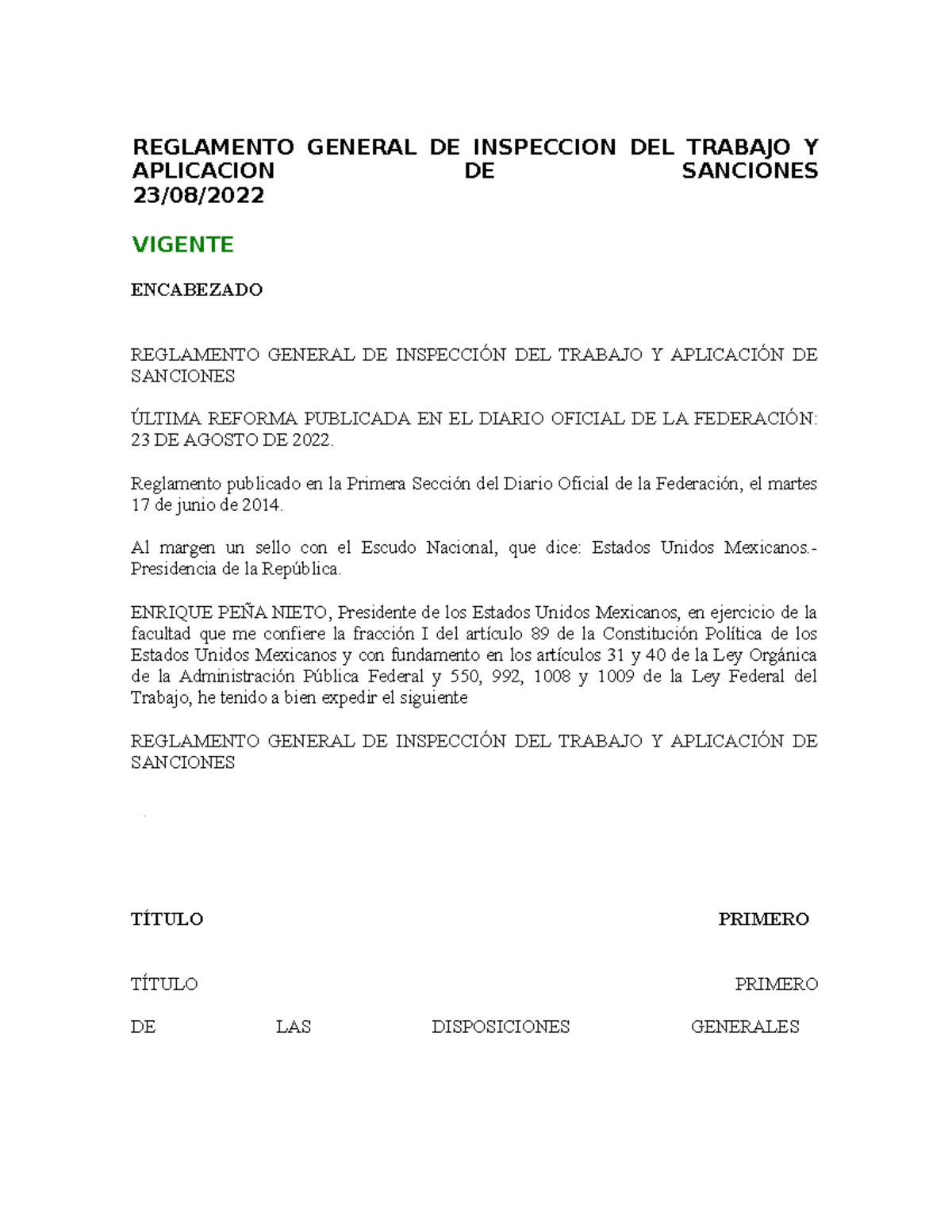 Reglamento General DE Inspeccion DEL Trabajo Y Aplicacion DE Sanciones ...