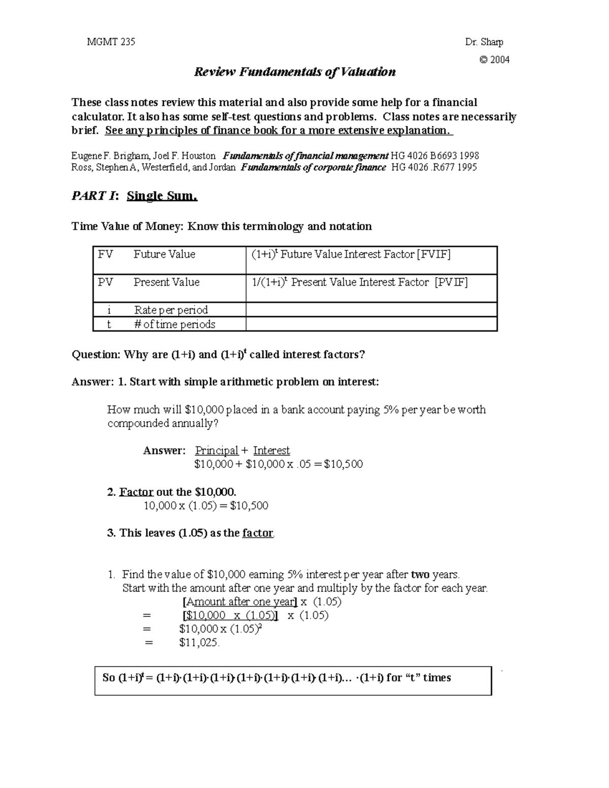 Time Value of Money - Lecture notes 1,2 - MGMT 235 Dr. Sharp Review ...