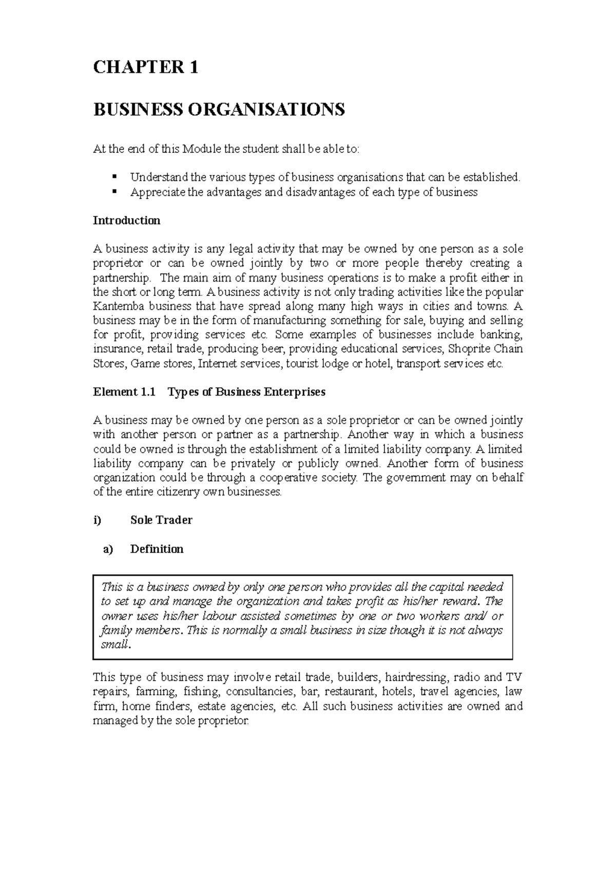 Management 1 - Notes - CHAPTER 1 BUSINESS ORGANISATIONS At the end of ...
