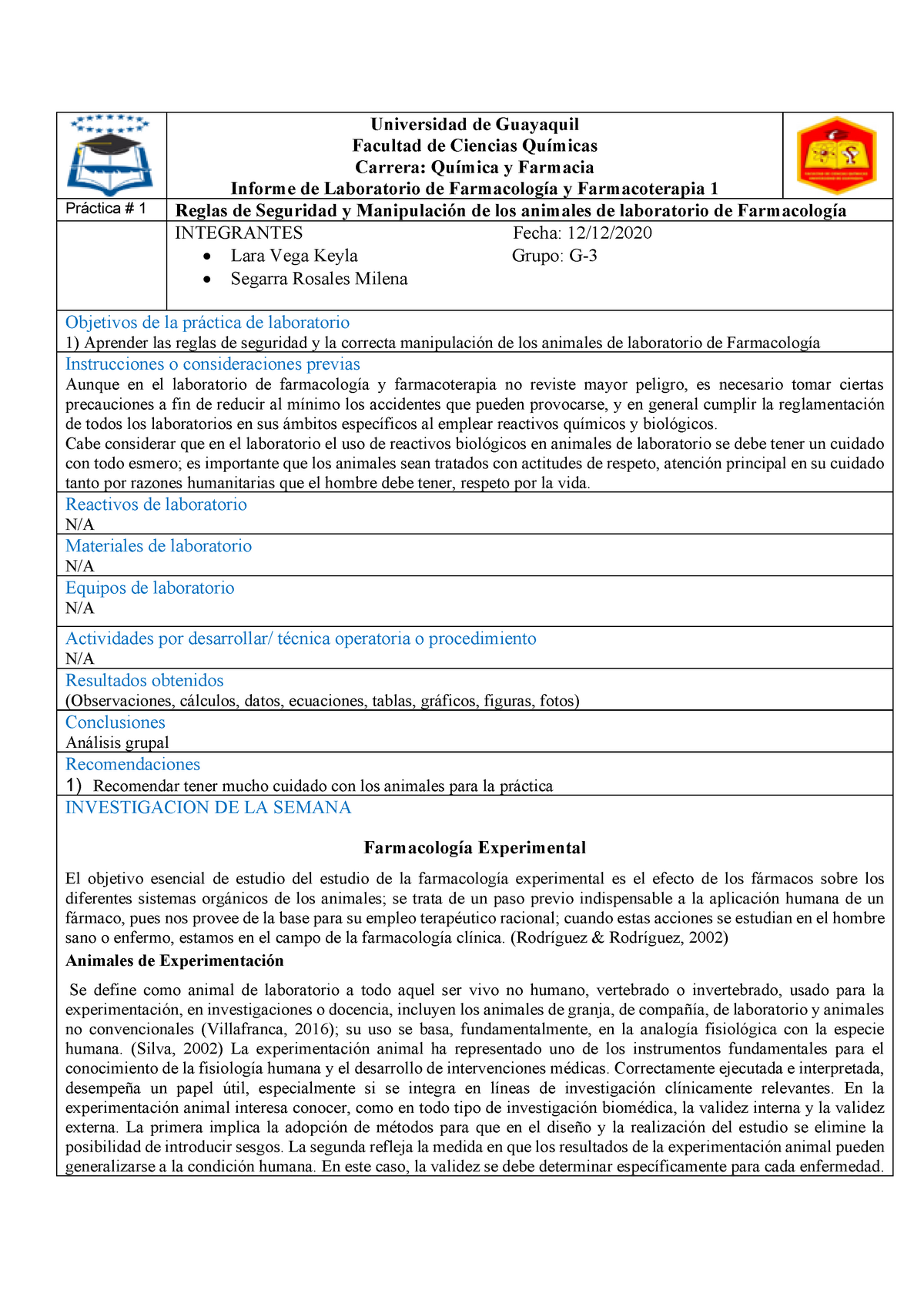 Practica 1 Farmacologia - Universidad de Guayaquil Facultad de Ciencias  Químicas Carrera: Química y - Studocu