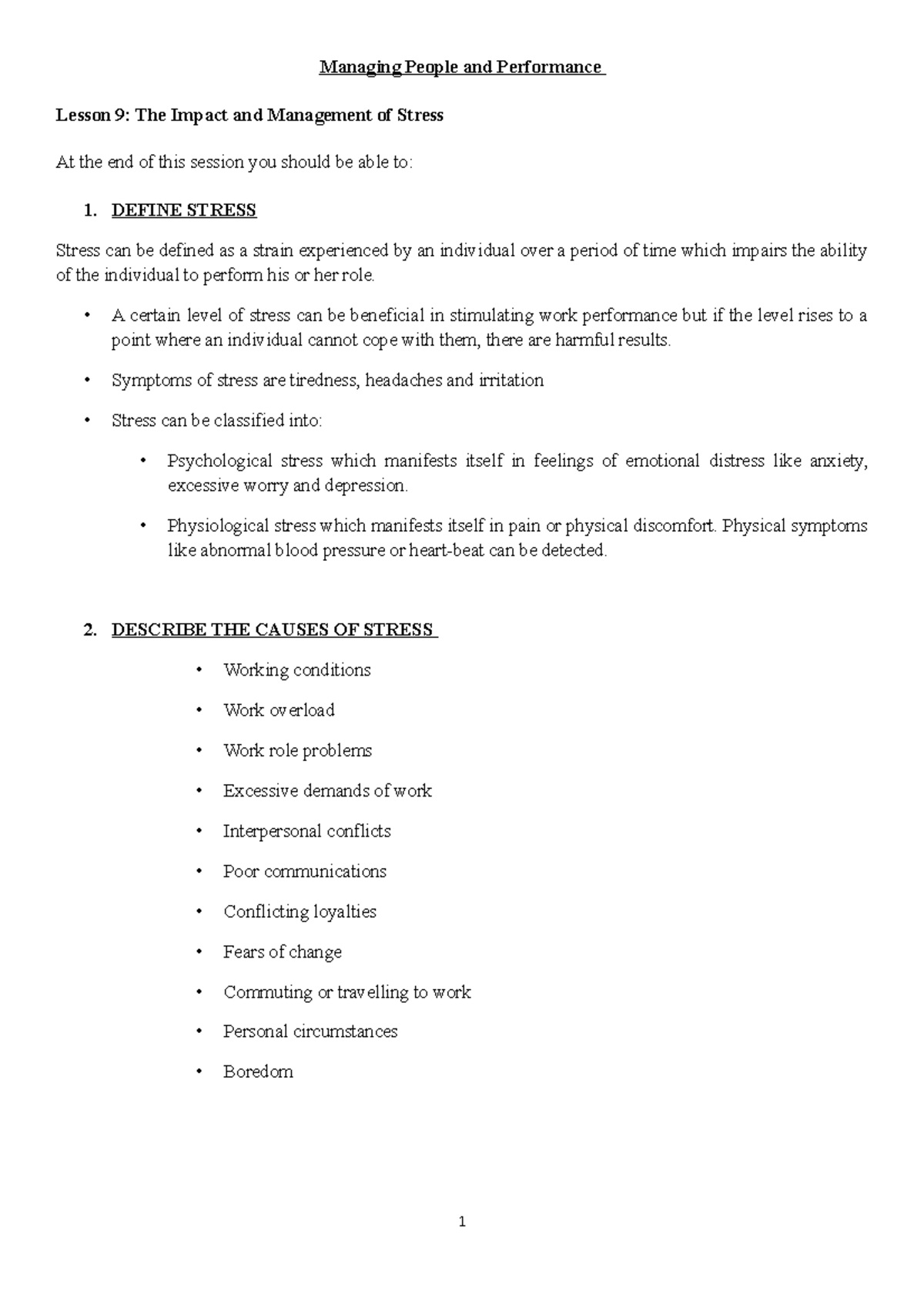 Management of Stress - lecture notes given by the lecturer - Managing ...