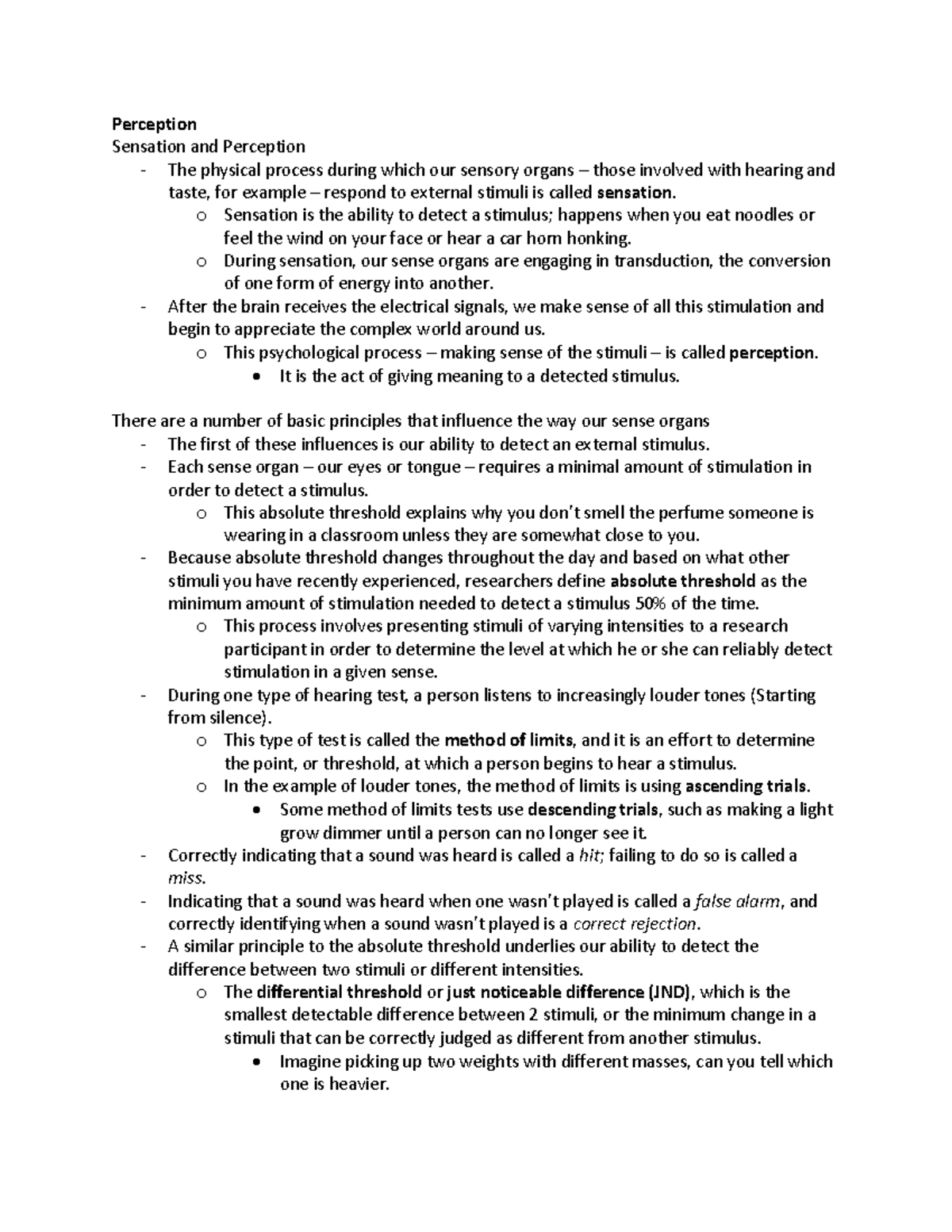 Psych 2H03 Reading Material Notes - Perception Sensation and Perception ...