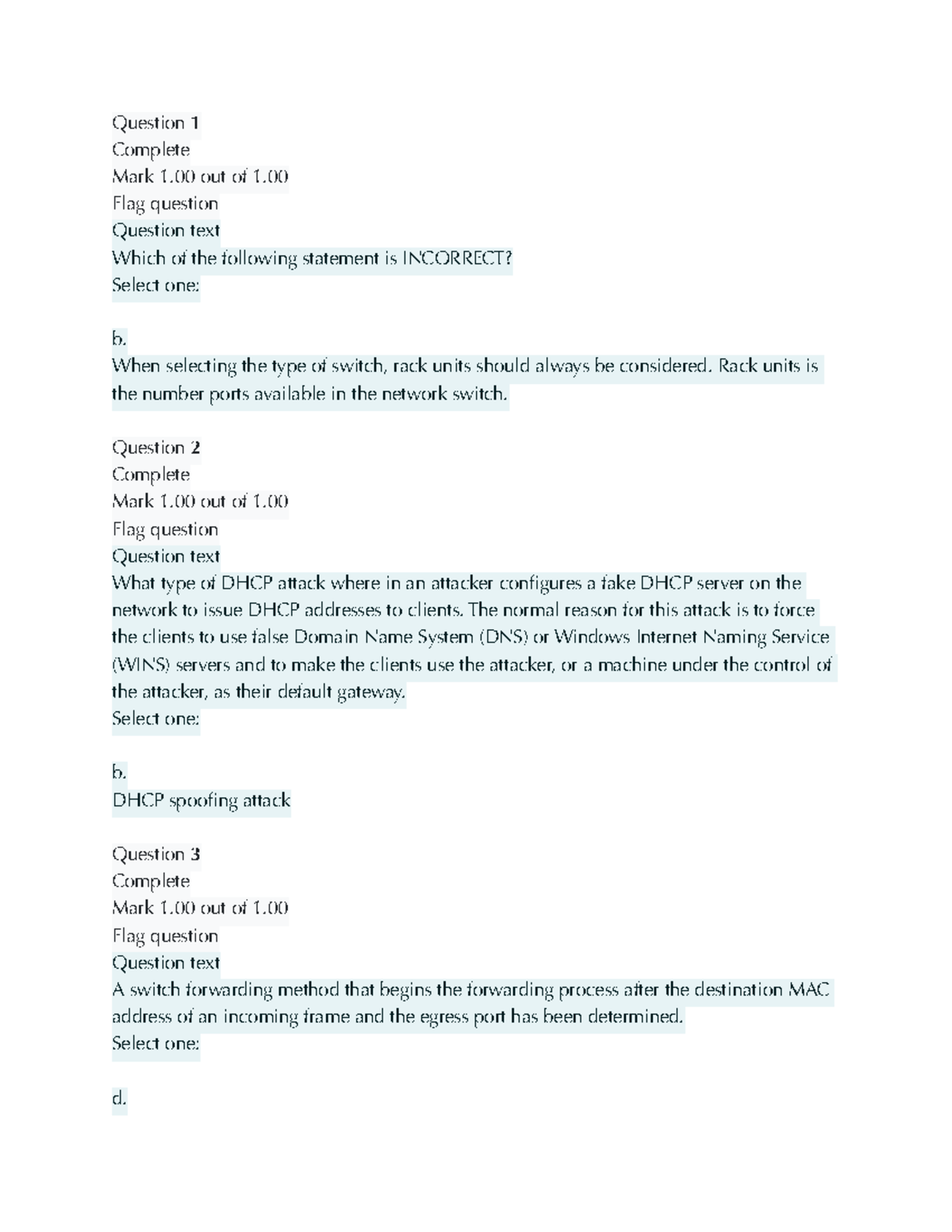 DCN2 prefinal lab exam - answers - Question 1 Complete Mark 1 out of 1 ...
