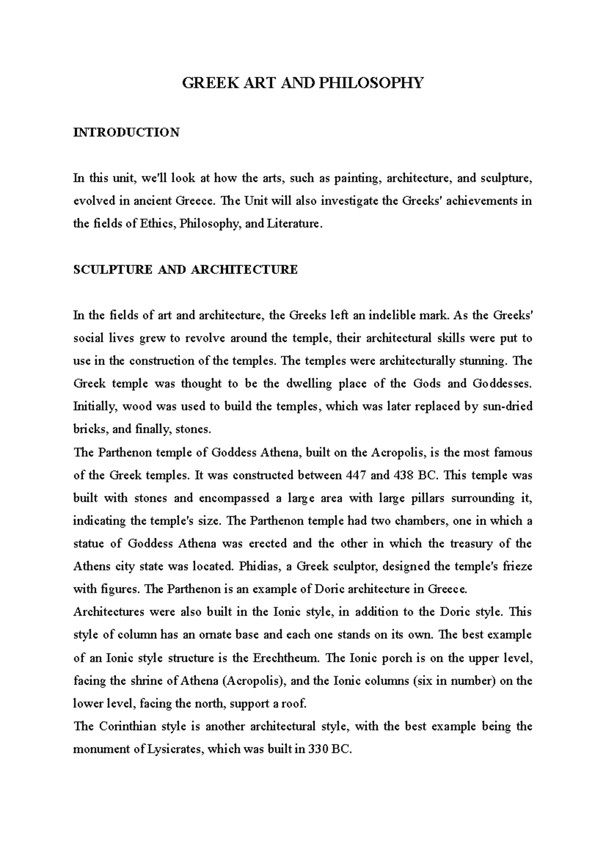 Greek ART AND Philosophy - GREEK ART AND PHILOSOPHY INTRODUCTION In ...