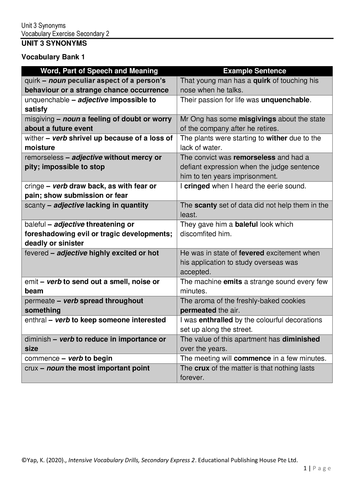 S2 Vocabulary Unit 3 Synonyms - Vocabulary Exercise Secondary 2 ©Yap, K ...