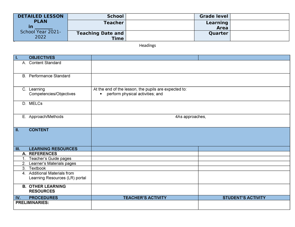 4As Detailed Lesson PLAN - Headings DETAILED LESSON PLAN In ...