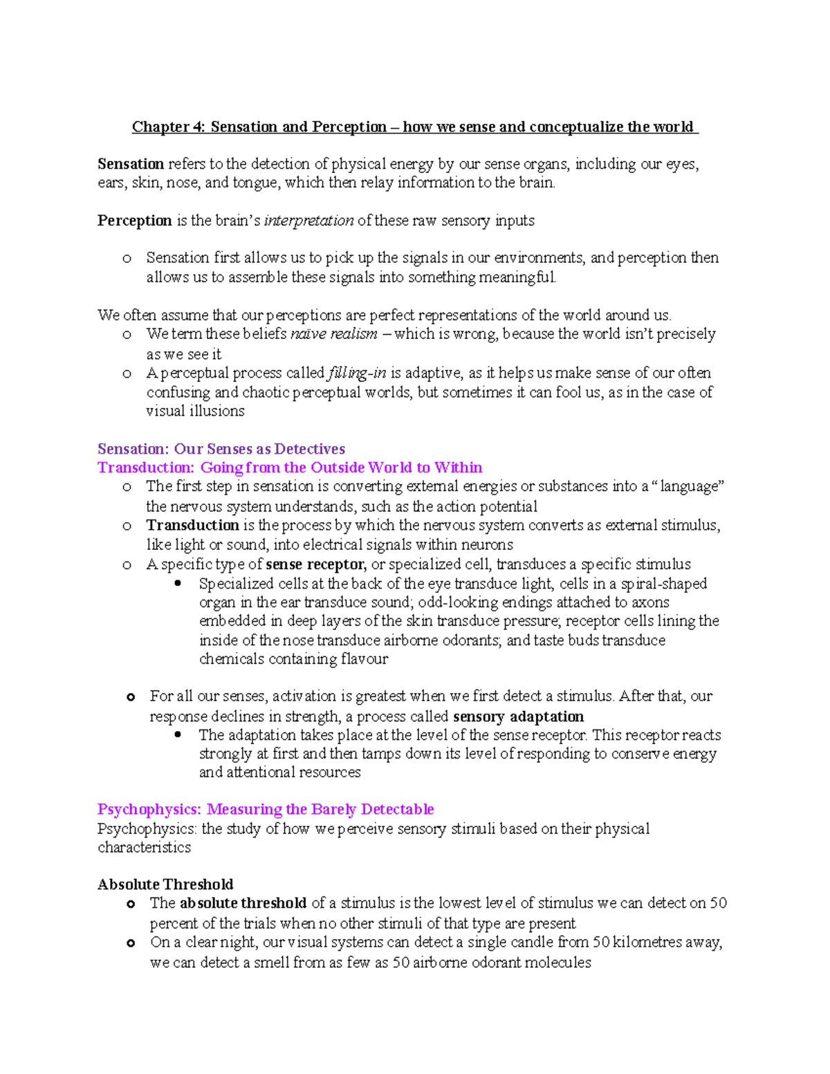 PSY102 chapter 4 - Chapter 4: Sensation and Perception – how we sense ...