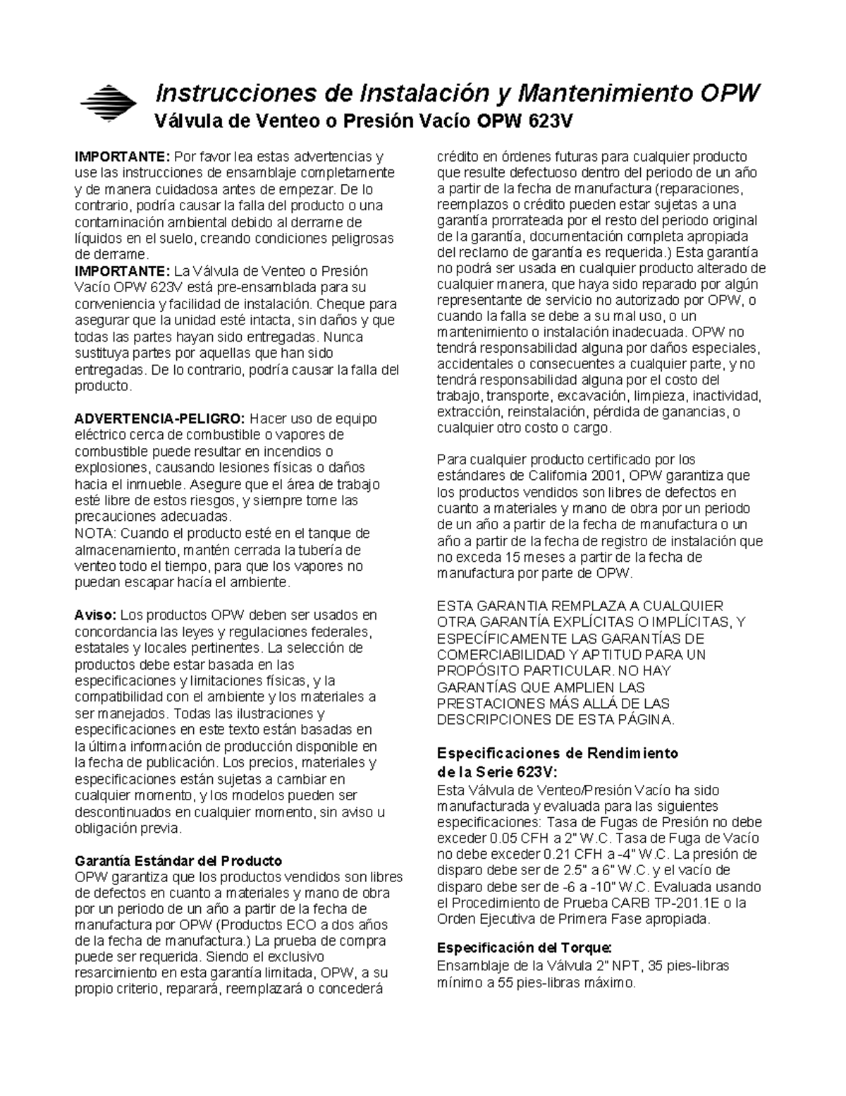 623v Valvula DE Presion Y Vacio Gasolina - Instrucciones de Instalación ...