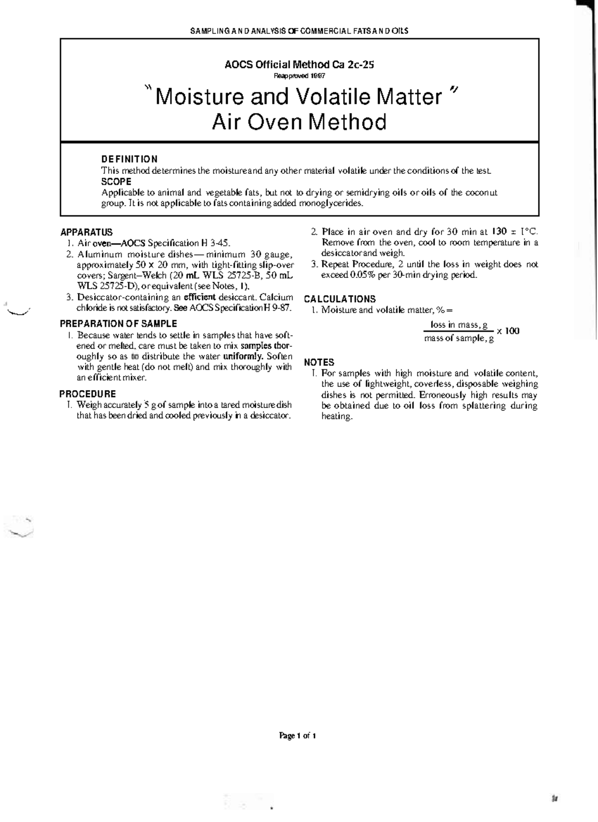 AOCS Ca 2c-25 Humedad en estufa - SAMPLING A N D ANALYSIS OF COMMERCIAL ...