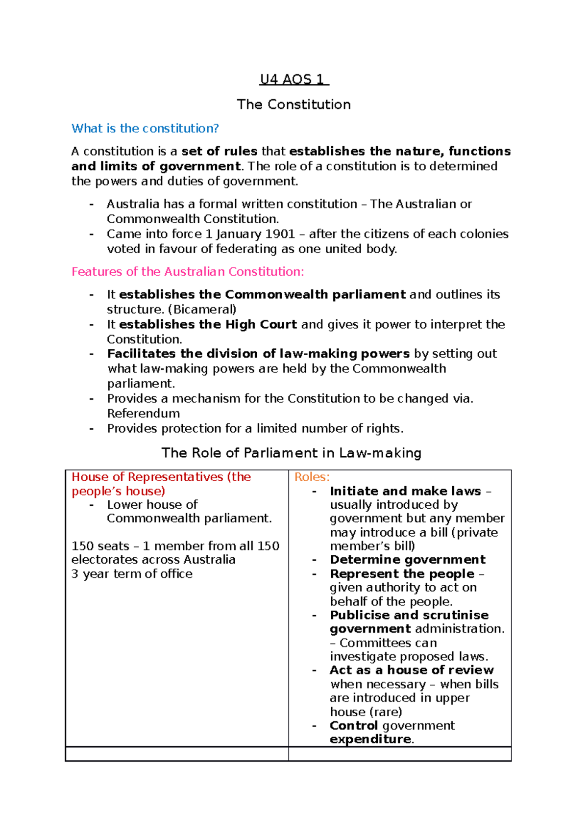 U4 AOS 1 - notes - U4 AOS 1 The Constitution What is the constitution ...