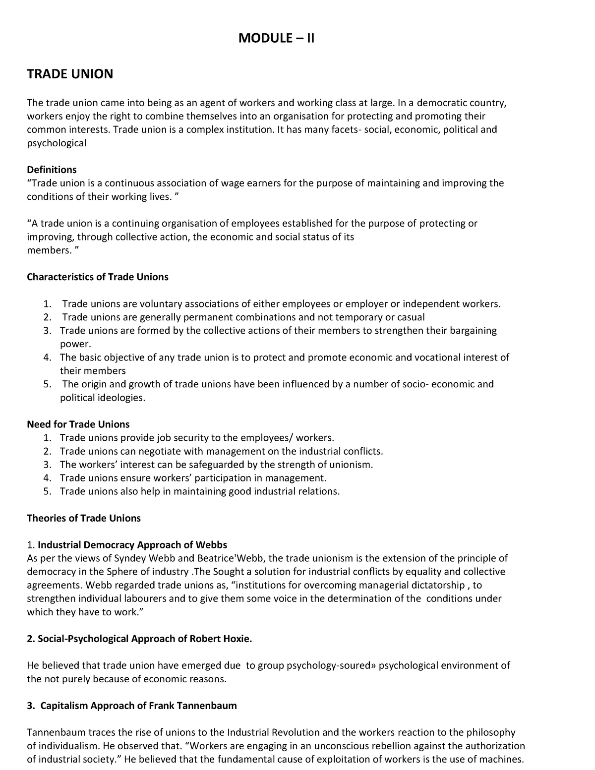 Trade Union Tutorial Notes MODULE II TRADE UNION The Trade Union 