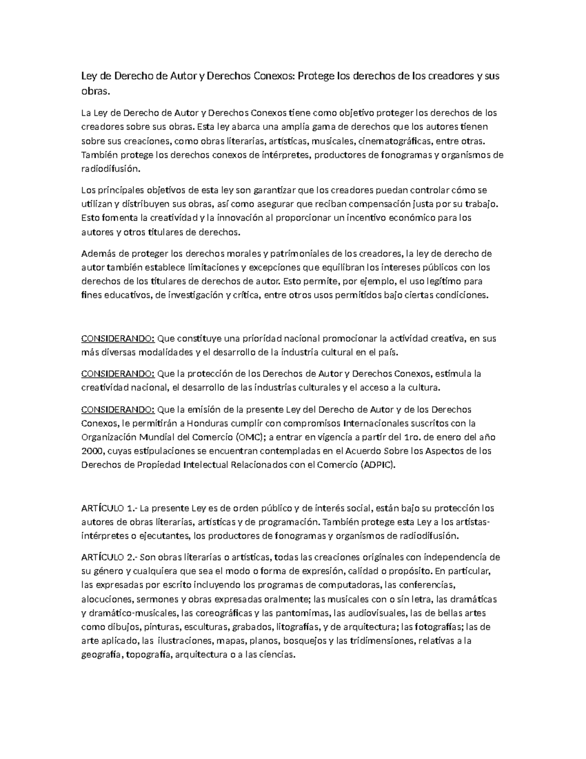 Ley de Derecho de Autor y Derechos Conexos Protege los derechos de los ...