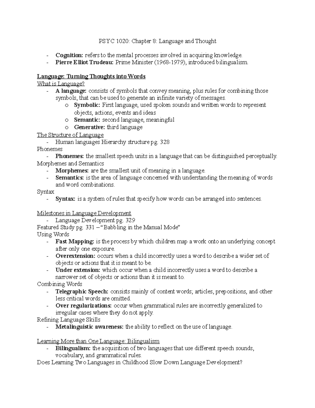 Chapter 8 - Lecture notes 8 - PSYC 1020: Chapter 8: Language and ...