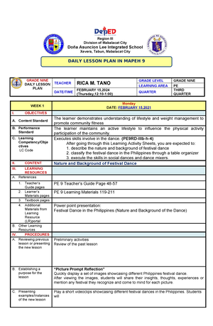 BOW-Q2-PE9 - BUDGET OF WORK - Address: Xevera Tabun, Mabalacat City ...