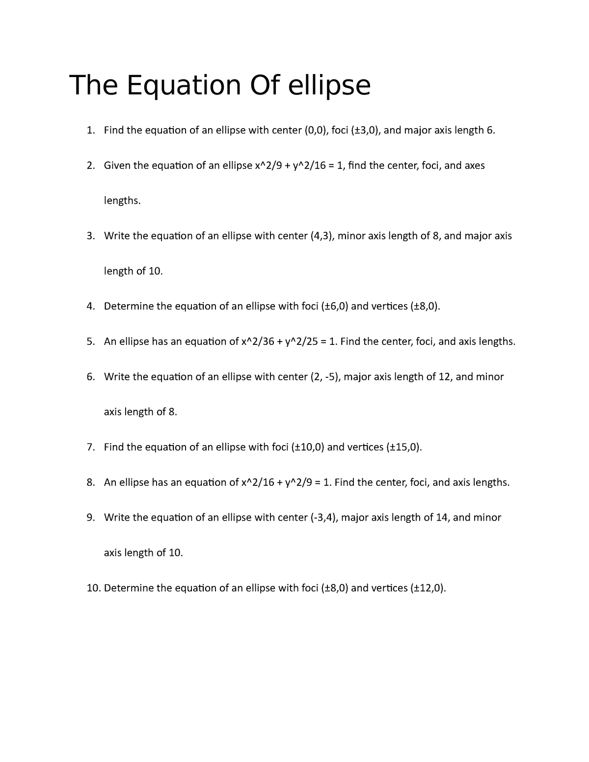 The Equation Of ellipse question and answers The Equation Of ellipse