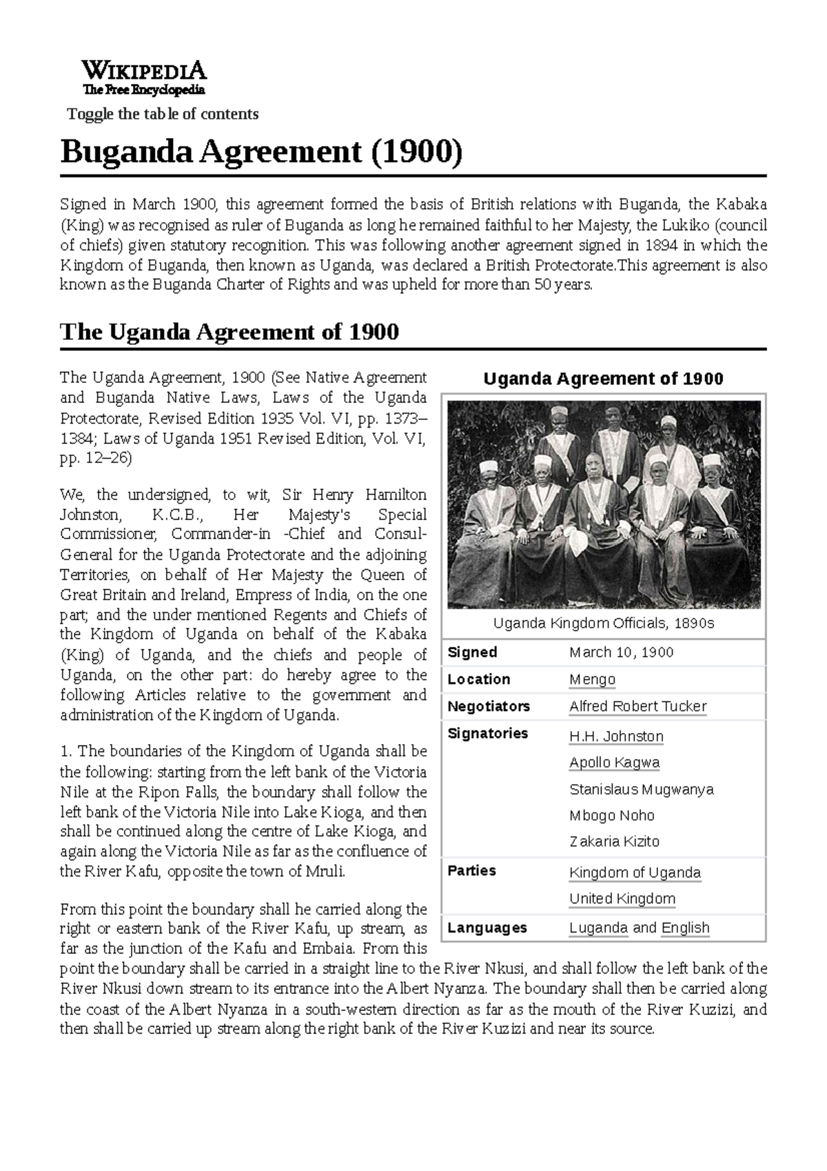 Buganda Agreement (1900) - Uganda Agreement Of 1900 Uganda Kingdom ...