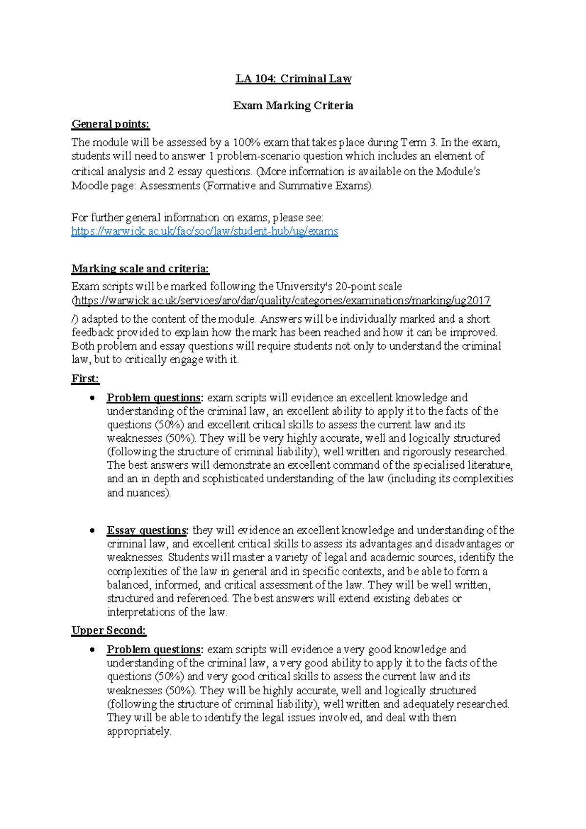 LA104 Criminal Law Marking Criteria LA 104 Criminal Law Exam Marking