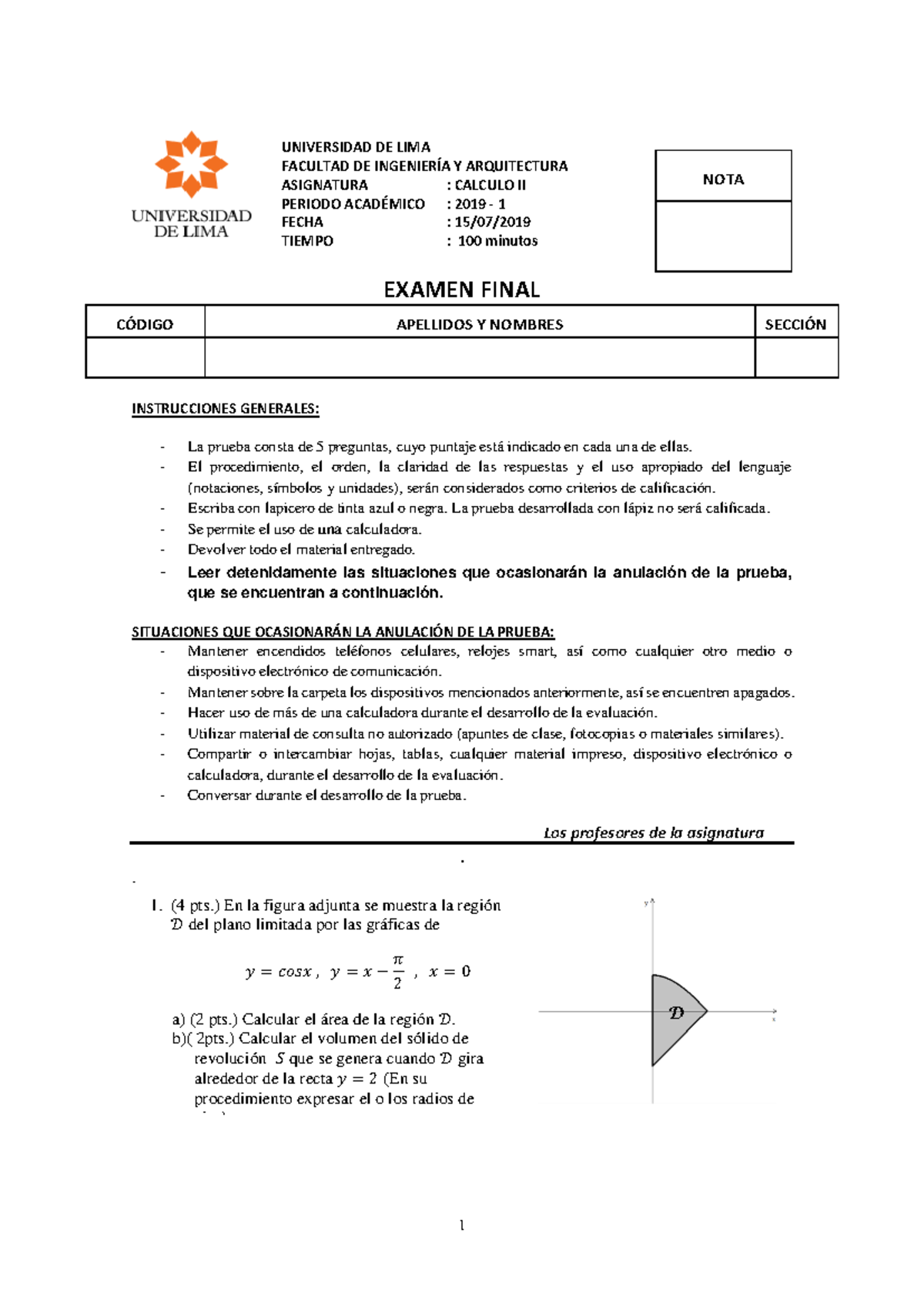 Examen Final Examen Final C Digo Apellidos Y Nombres Secci N Instrucciones Generales