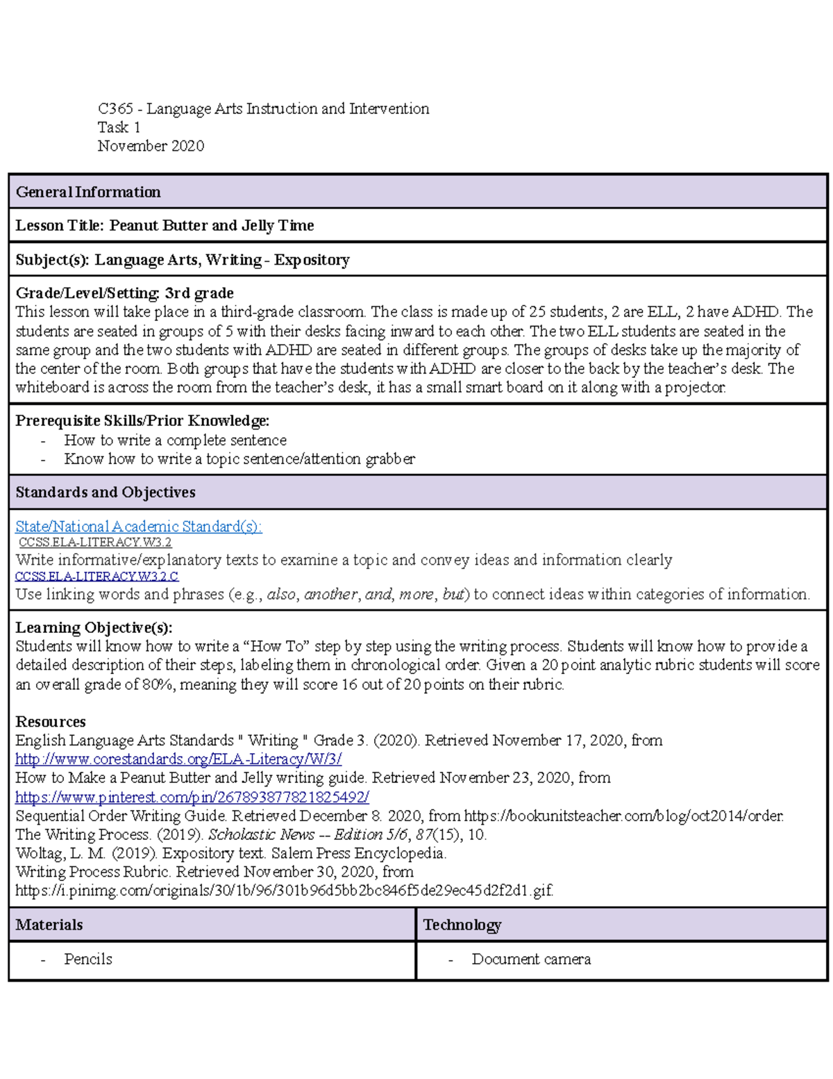 C365 Language Arts Lesson Plan C365 Language Arts Instruction And 