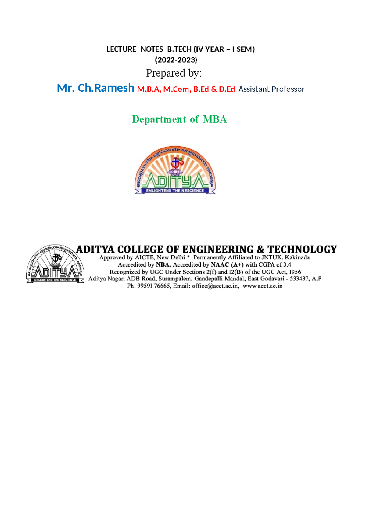 UHV Notes(IV-I) - good - LECTURE NOTES B (IV YEAR – I SEM) (2022-2023 ...