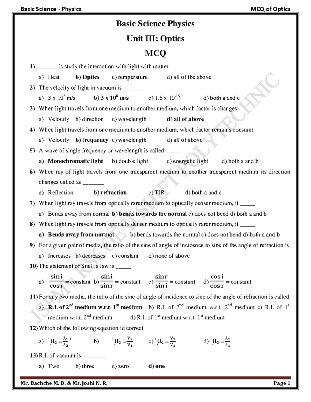 MCQ Optics sdfdfdfdsf Basic Science Physics Unit III Optics MCQ
