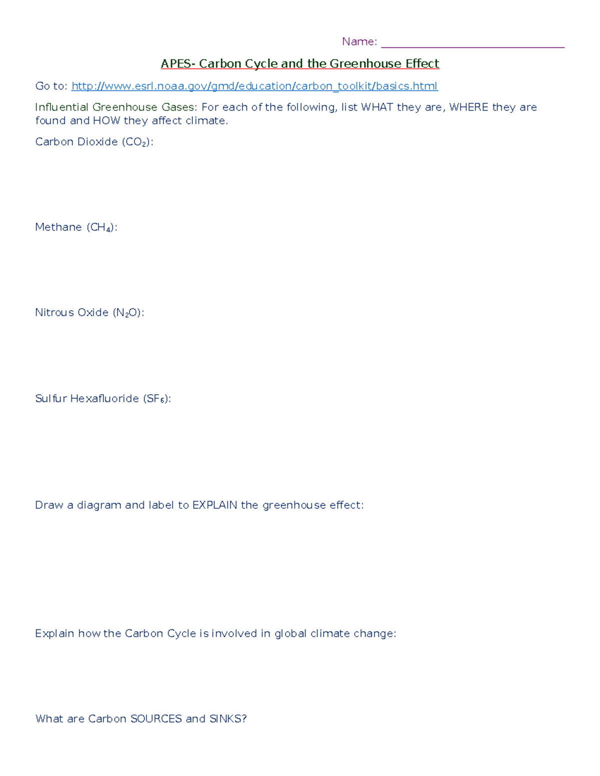 Carbon Cycle Greenhouse Effect - Name ...