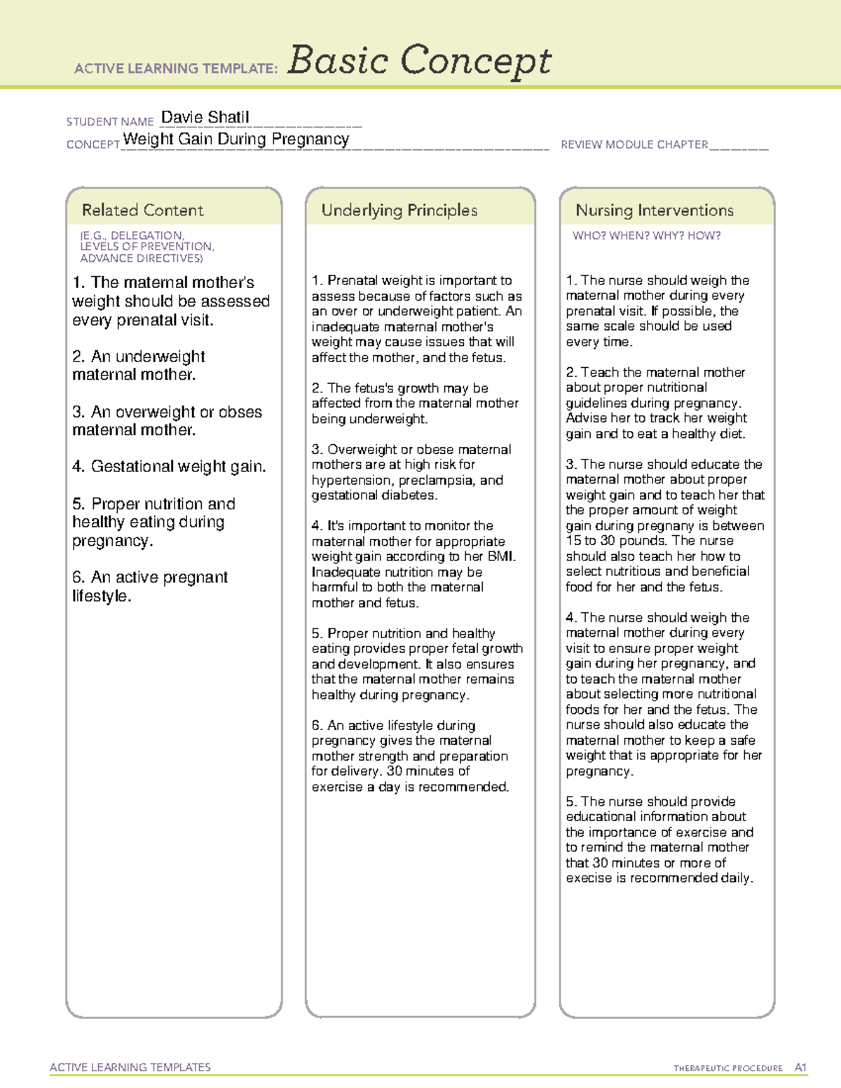 Weight Gain During Pregnancy ACTIVE LEARNING TEMPLATES THERAPEUTIC