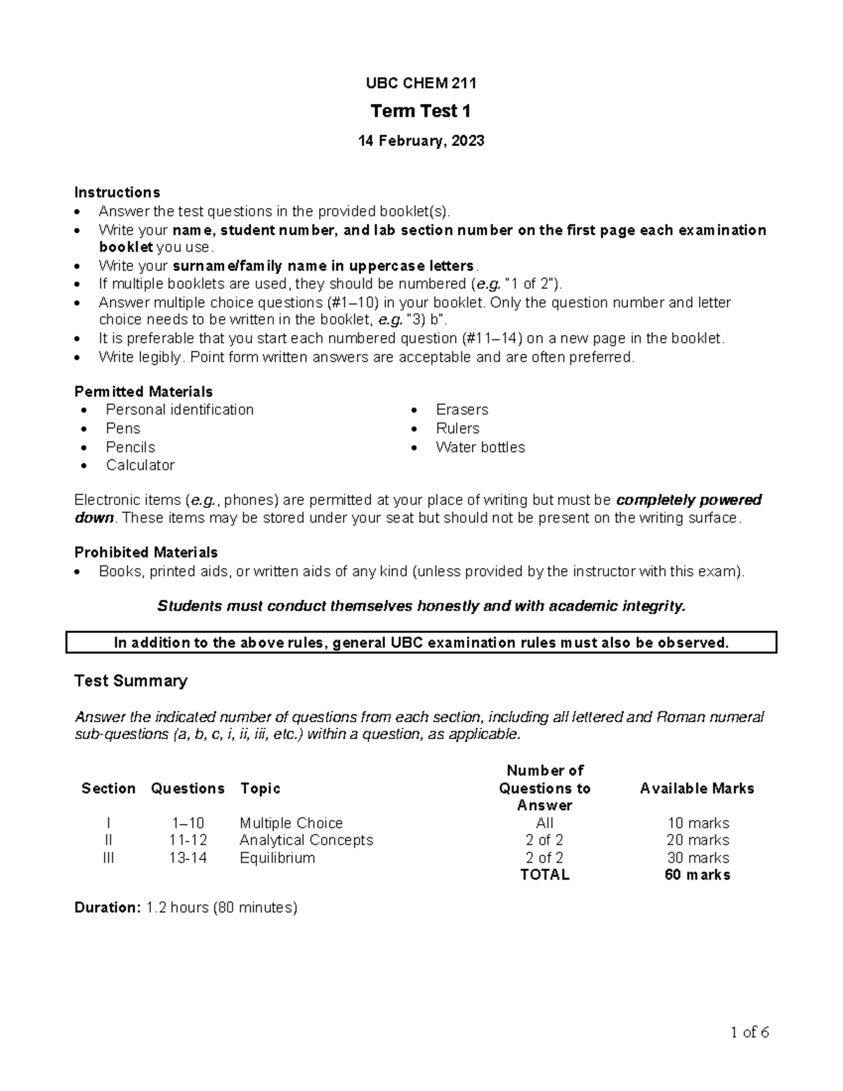 Midterm+exam+1 final - 1 of 6 UBC CHEM 211 Term Test 1 14 February ...