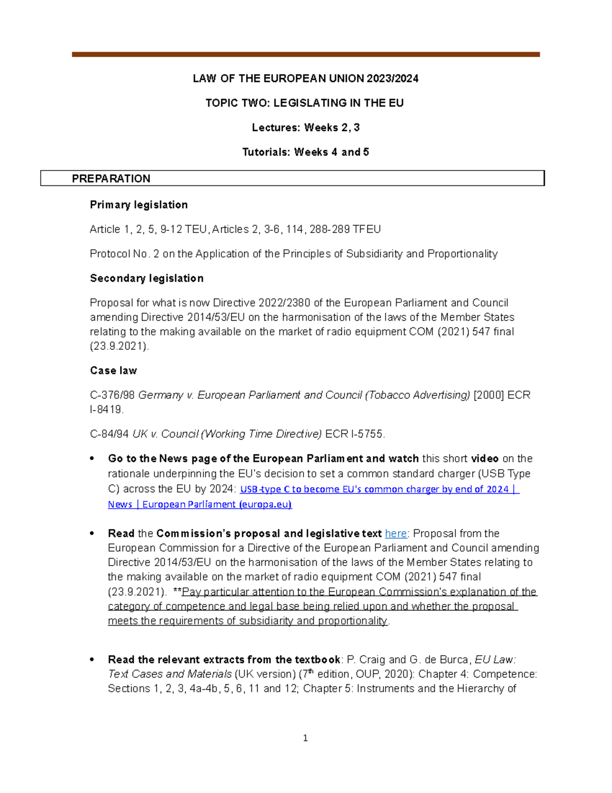 Tutorial 2 - Seminar 2 notes - LAW OF THE EUROPEAN UNION 2023/ TOPIC ...