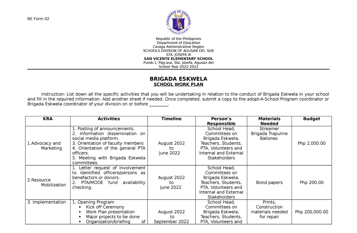 BE-Form-2- School-WORK-PLAN SVES - BE Form 02 Republic of the ...