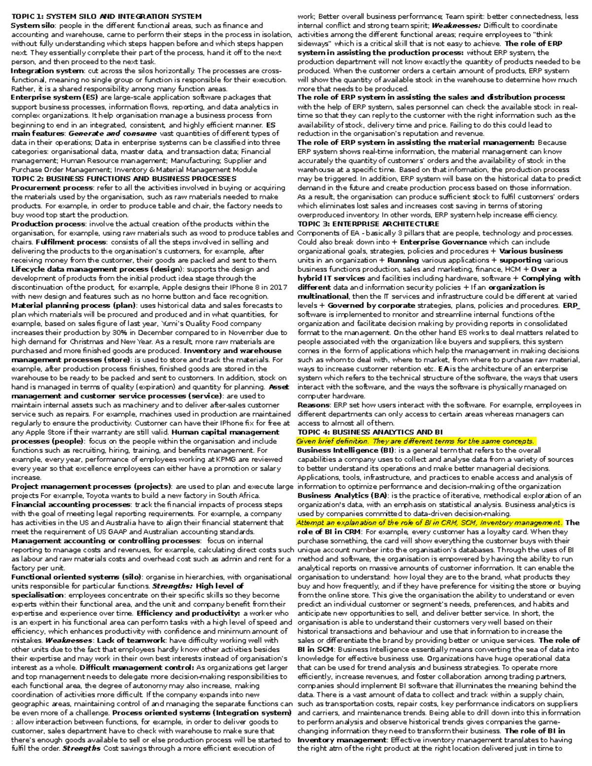 Final cheat sheet - TOPIC 1: SYSTEM SILO AND INTEGRATION SYSTEM System ...
