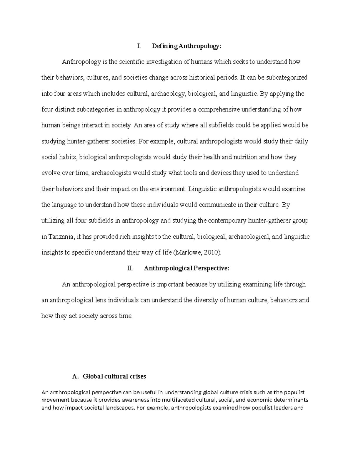 ATH 101 Project A - I. Defining Anthropology: Anthropology is the ...