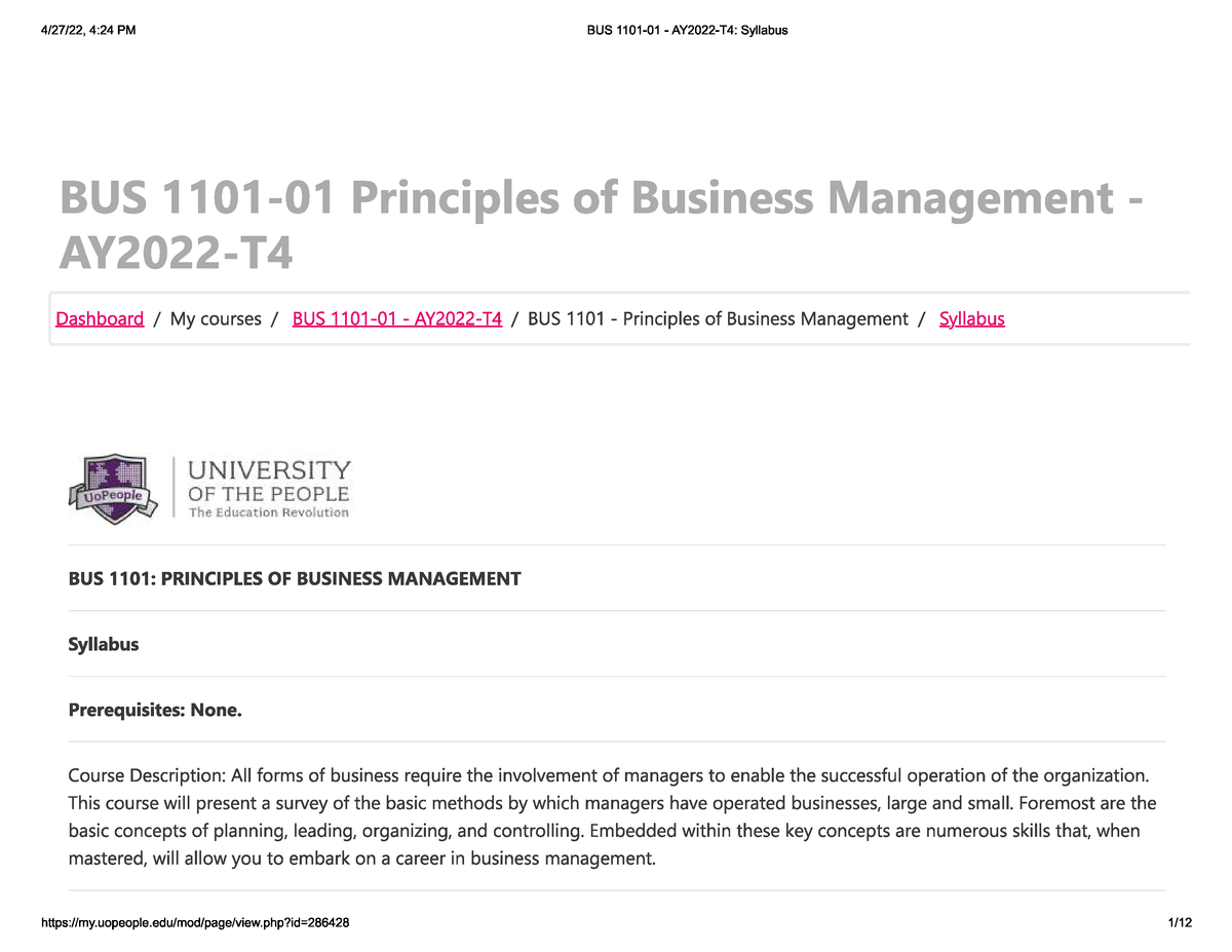 Syllabus BUS-1101 Principles Of Business Management - BUS 1101 - Studocu