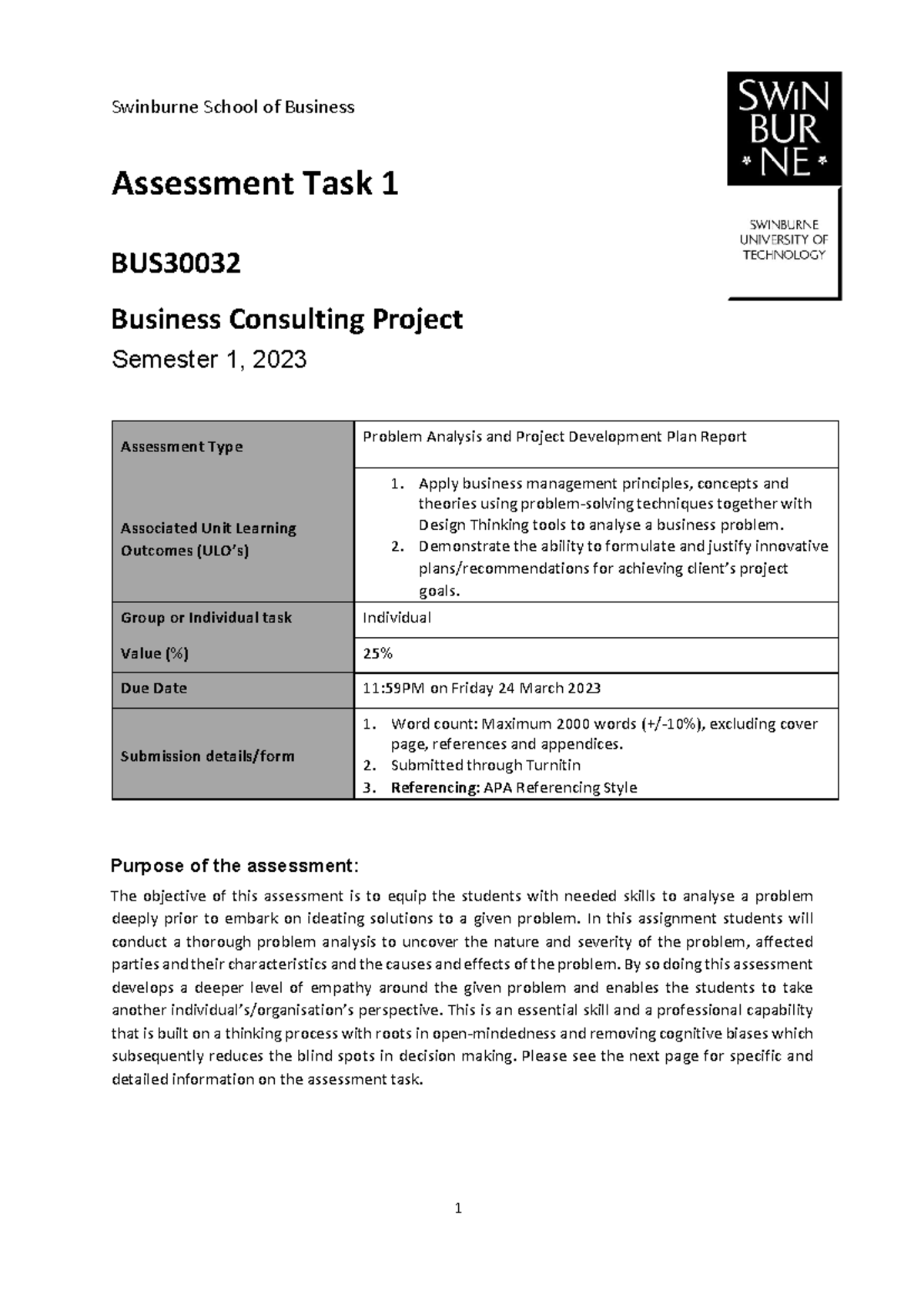 Assessment 1 BUS30032 Problem Analysis and Project Development Report ...