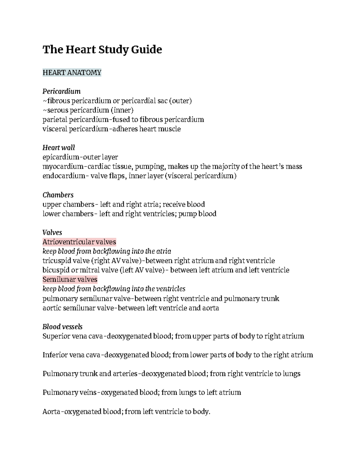 Heart study guide - The Heart Study Guide HEART ANATOMY Pericardium ...