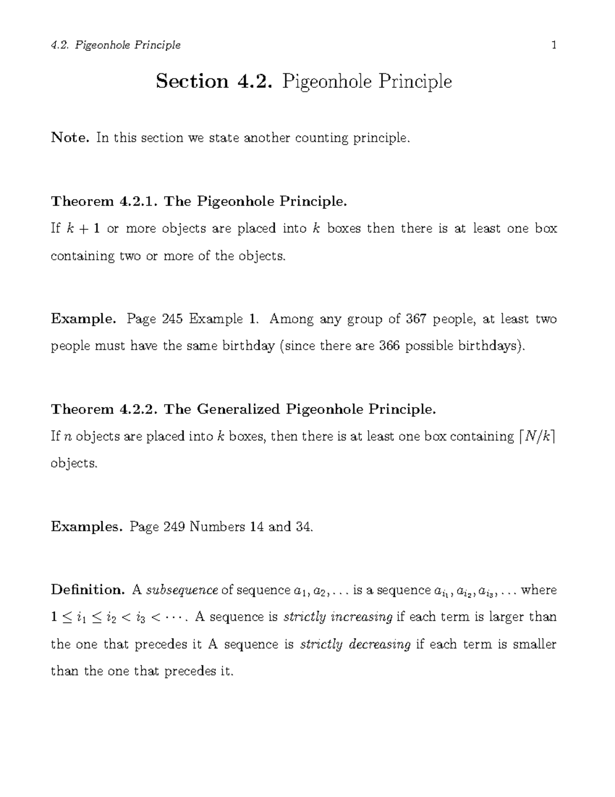 The Pigeonhole Principle Pigeonhole Principle 1 Section 4. Pigeonhole